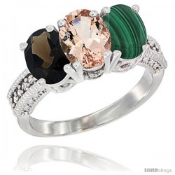 14K White Gold Natural Smoky Topaz, Morganite & Malachite Ring 3-Stone 7x5 mm Oval Diamond Accent