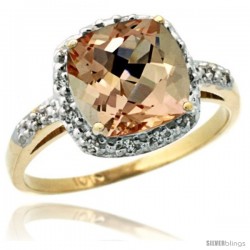 10k Yellow Gold Diamond Morganite Ring 2.08 ct Cushion cut 8 mm Stone 1/2 in wide