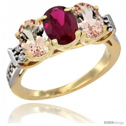 10K Yellow Gold Natural Ruby & Morganite Sides Ring 3-Stone Oval 7x5 mm Diamond Accent