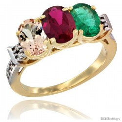 10K Yellow Gold Natural Morganite, Ruby & Emerald Ring 3-Stone Oval 7x5 mm Diamond Accent