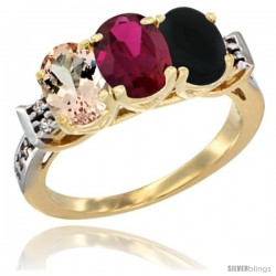 10K Yellow Gold Natural Morganite, Ruby & Black Onyx Ring 3-Stone Oval 7x5 mm Diamond Accent