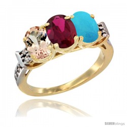 10K Yellow Gold Natural Morganite, Ruby & Turquoise Ring 3-Stone Oval 7x5 mm Diamond Accent