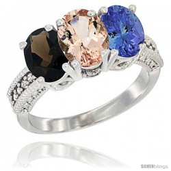 14K White Gold Natural Smoky Topaz, Morganite & Tanzanite Ring 3-Stone 7x5 mm Oval Diamond Accent