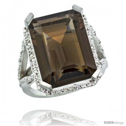 14k White Gold Diamond Smoky Topaz Ring 14.96 ct Emerald shape 18x13 Stone 13/16 in wide