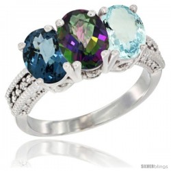 10K White Gold Natural London Blue Topaz, Mystic Topaz & Aquamarine Ring 3-Stone Oval 7x5 mm Diamond Accent