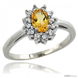 Sterling Silver Natural Citrine Diamond Halo Ring Oval Shape 1.2 Carat 6X4 mm, 1/2 in wide