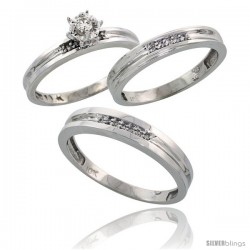 Sterling Silver 3-Piece Trio His (4mm) & Hers (3.5mm) Diamond Wedding Band Set, w/ 0.13 Carat Brilliant -Style Ag119w3