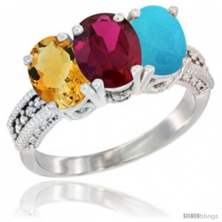 10K White Gold Natural Citrine, Ruby & Turquoise Ring 3-Stone Oval 7x5 mm Diamond Accent