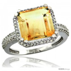 10k White Gold Diamond Halo Citrine Ring Checkerboard Cushion 11 mm 5.85 ct 1/2 in wide