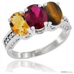 10K White Gold Natural Citrine, Ruby & Tiger Eye Ring 3-Stone Oval 7x5 mm Diamond Accent