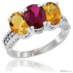 10K White Gold Natural Citrine, Ruby & Whisky Quartz Ring 3-Stone Oval 7x5 mm Diamond Accent