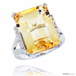 10k White Gold Diamond Citrine Ring 12 ct Emerald Cut 16x12 stone 3/4 in wide