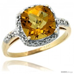 14k Yellow Gold Diamond Whisky Quartz Ring 2.08 ct Cushion cut 8 mm Stone 1/2 in wide