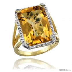 14k Yellow Gold Diamond Whisky Quartz Ring 14.96 ct Emerald shape 18x13 Stone 13/16 in wide