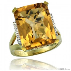 14k Yellow Gold Diamond Whisky Quartz Ring 12 ct Emerald Cut 16x12 stone 3/4 in wide