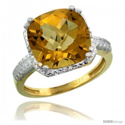 14k Yellow Gold Diamond Whisky Quartz Ring 5.94 ct Checkerboard Cushion 11 mm Stone 1/2 in wide