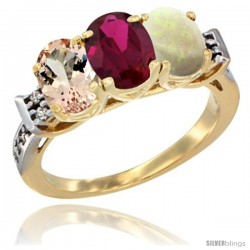 10K Yellow Gold Natural Morganite, Ruby & Opal Ring 3-Stone Oval 7x5 mm Diamond Accent