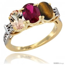 10K Yellow Gold Natural Morganite, Ruby & Tiger Eye Ring 3-Stone Oval 7x5 mm Diamond Accent