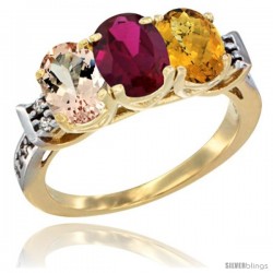 10K Yellow Gold Natural Morganite, Ruby & Whisky Quartz Ring 3-Stone Oval 7x5 mm Diamond Accent