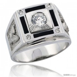 Sterling Silver Men's American Eagle Solitaire Ring Brilliant Cut CZ Stones, 5/8 in (16 mm) wide