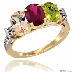 10K Yellow Gold Natural Morganite, Ruby & Lemon Quartz Ring 3-Stone Oval 7x5 mm Diamond Accent