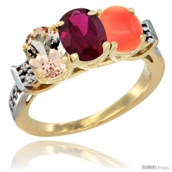 10K Yellow Gold Natural Morganite, Ruby & Coral Ring 3-Stone Oval 7x5 mm Diamond Accent