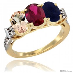 10K Yellow Gold Natural Morganite, Ruby & Lapis Ring 3-Stone Oval 7x5 mm Diamond Accent