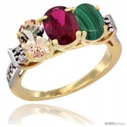 10K Yellow Gold Natural Morganite, Ruby & Malachite Ring 3-Stone Oval 7x5 mm Diamond Accent