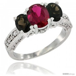 14k White Gold Ladies Oval Natural Ruby 3-Stone Ring with Smoky Topaz Sides Diamond Accent