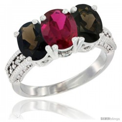 14K White Gold Natural Ruby & Smoky Topaz Ring 3-Stone 7x5 mm Oval Diamond Accent