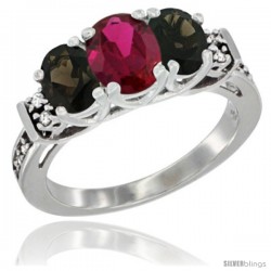 14K White Gold Natural High Quality Ruby & Smoky Topaz Ring 3-Stone Oval with Diamond Accent