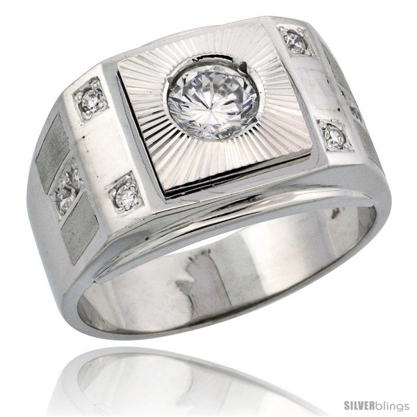 1/2 in. wide Sterling Silver Mens Frosted Solitaire Square Ring w/ Brilliant Cut CZ Stones size 8 12mm
