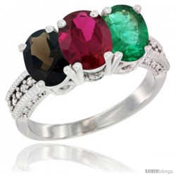 14K White Gold Natural Smoky Topaz, Ruby & Emerald Ring 3-Stone 7x5 mm Oval Diamond Accent