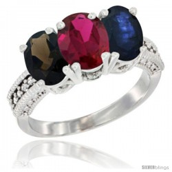 14K White Gold Natural Smoky Topaz, Ruby & Blue Sapphire Ring 3-Stone 7x5 mm Oval Diamond Accent