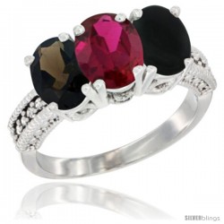 14K White Gold Natural Smoky Topaz, Ruby & Black Onyx Ring 3-Stone 7x5 mm Oval Diamond Accent