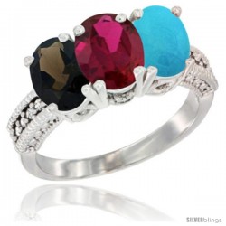 14K White Gold Natural Smoky Topaz, Ruby & Turquoise Ring 3-Stone 7x5 mm Oval Diamond Accent