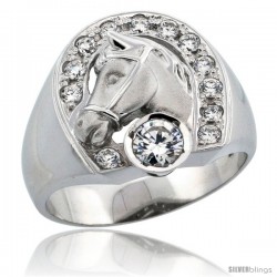 Sterling Silver Men's Horseshoe & Head Ring Brilliant Cut CZ Stones, 3/4 in (17.5 mm) wide