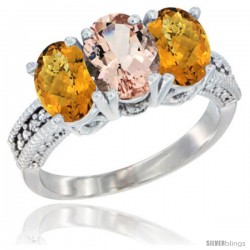 14K White Gold Natural Morganite Ring with Whisky Quartz 3-Stone 7x5 mm Oval Diamond Accent