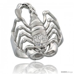 Sterling Silver Men's Scorpion Ring Brilliant Cut CZ Stones, 1-1/16 in (27 mm) wide