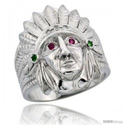 Sterling Silver Men's Indian Chief Head Ring Brilliant Cut CZ Stones, 1 in (24 mm) wide