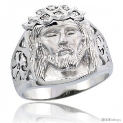 Sterling Silver Men's Thorn-crowned Jesus Christ Ring Brilliant Cut CZ Stones, 3/4 in (18 mm) wide