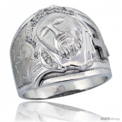 Sterling Silver Men's Jesus Christ Ring Brilliant Cut CZ Stones, 3/4 in (20 mm) wide