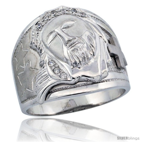 size 10 20mm wide Sterling Silver Mens Jesus Christ Ring w/ Brilliant Cut CZ Stones 13/16 in.