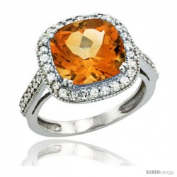 10k White Gold Diamond Halo Citrine Ring Cushion Shape 10 mm 4.5 ct 1/2 in wide