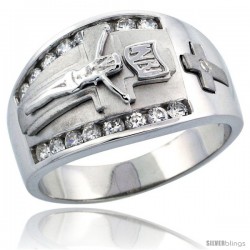 Sterling Silver Men's Jesus Christ on Crucifix Ring Brilliant Cut CZ Stones, 1/2 in (14 mm) wide