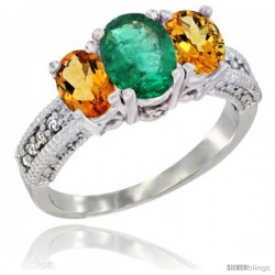 10K White Gold Ladies Oval Natural Emerald 3-Stone Ring with Citrine Sides Diamond Accent