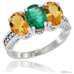 10K White Gold Natural Emerald & Citrine Sides Ring 3-Stone Oval 7x5 mm Diamond Accent