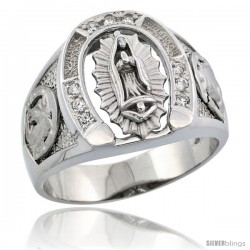 Sterling Silver Men's Horseshoe Immaculate Heart of Mary Ring Brilliant Cut CZ Stones, 5/8 in (16 mm) wide