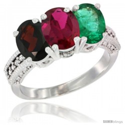 14K White Gold Natural Garnet, Ruby & Emerald Ring 3-Stone 7x5 mm Oval Diamond Accent