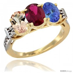 10K Yellow Gold Natural Morganite, Ruby & Tanzanite Ring 3-Stone Oval 7x5 mm Diamond Accent